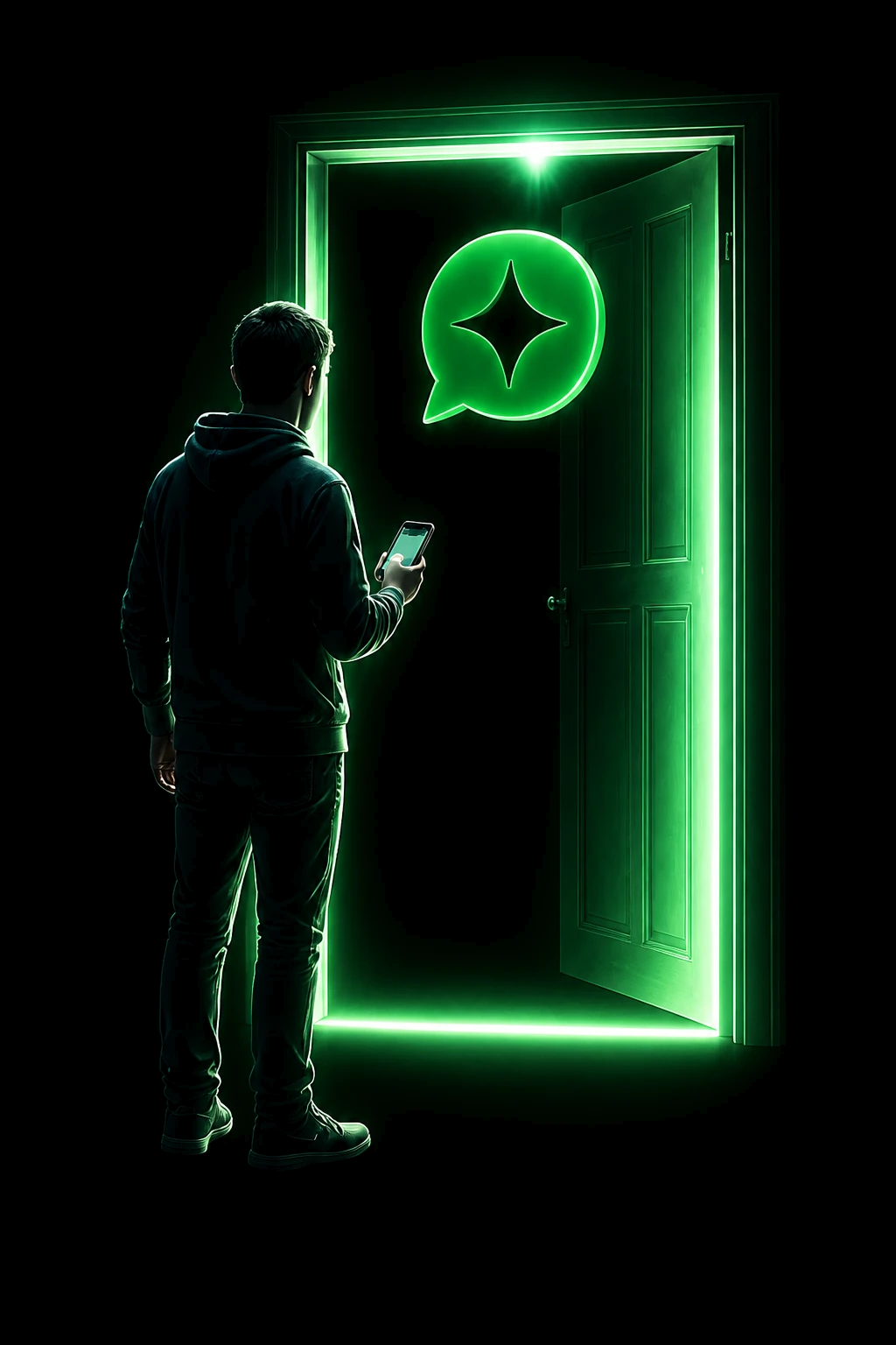 Een ondernemer met een telefoon staat voor een open deur die groen oplicht — daarboven zweeft een gloeiende groene chatbubbel met een ster.